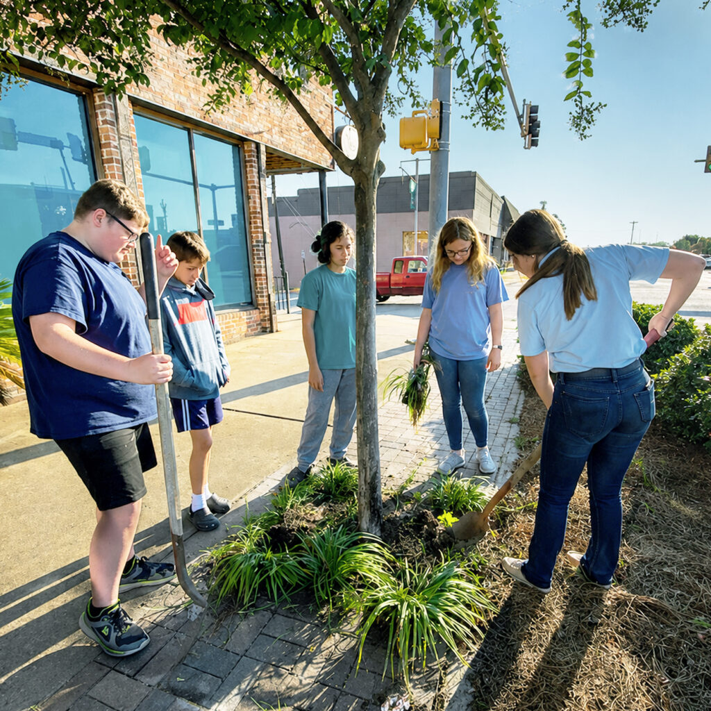 Community volunteers participating in a downtown beautification project that supports local pride, engagement, and community development.